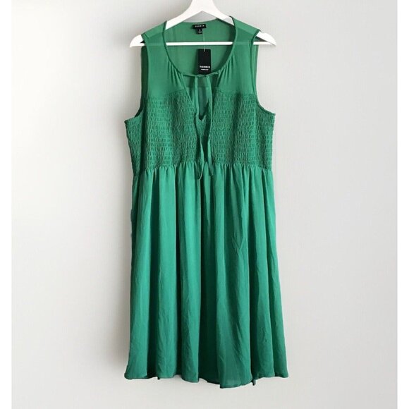 Torrid Women's Green V-Neck Sleeveless‎ Chiffon Smock Front Skater Dress Size 2 - Picture 5 of 11